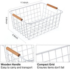 Wire Basket 4 Pcs Wire Storage Baskets Wire Baskets Organizing with Wooden Handles Wire Basket Pantry Organization and Storage Metal Wire Food Storage Basket for Kitchen, Cabinets (White 4PCS)