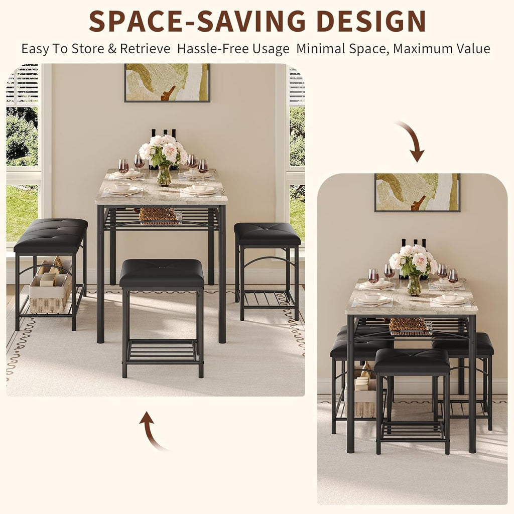 IDEALHOUSE Dining Table Set for 4 with Upholstered Benches and 2 Stools, Small Kitchen Table Chairs Set of 4 for Apartment, Studio, Home and Small Space