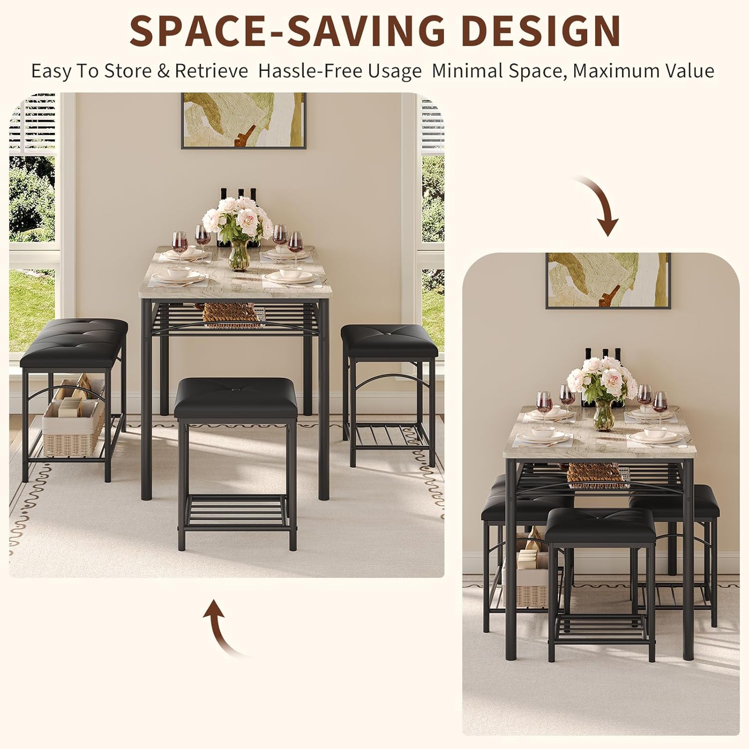 IDEALHOUSE Dining Table Set for 4 with Upholstered Benches and 2 Stools, Small Kitchen Table Chairs Set of 4 for Apartment, Studio, Home and Small Space