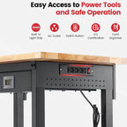 Workbench with Wheels 60 x 22 Inch Heavy Duty Rubber Wood Tabletop Work Bench with Pegboard, Drawers, Power Outlets Adjustable Height Work Table for Woodworking Shop, Home, Office