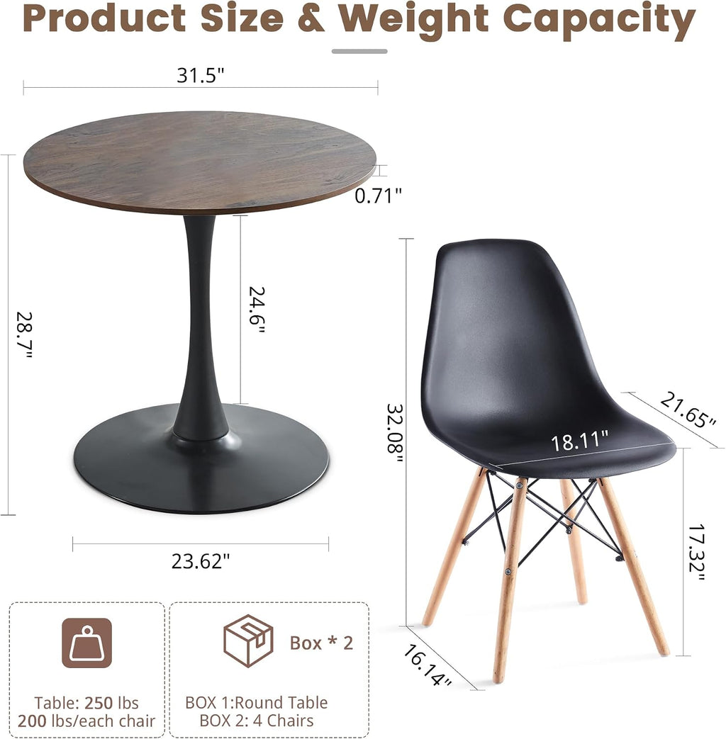 5-Piece Round Dining Table Set,31.5" Mid-Century Modern Kitchen Table with 4 Chairs,Tulip Pedestal Table & Solid Wood Legs,Space Saving Compact Furniture for Small Spaces Apartment Home,Walnut/Black