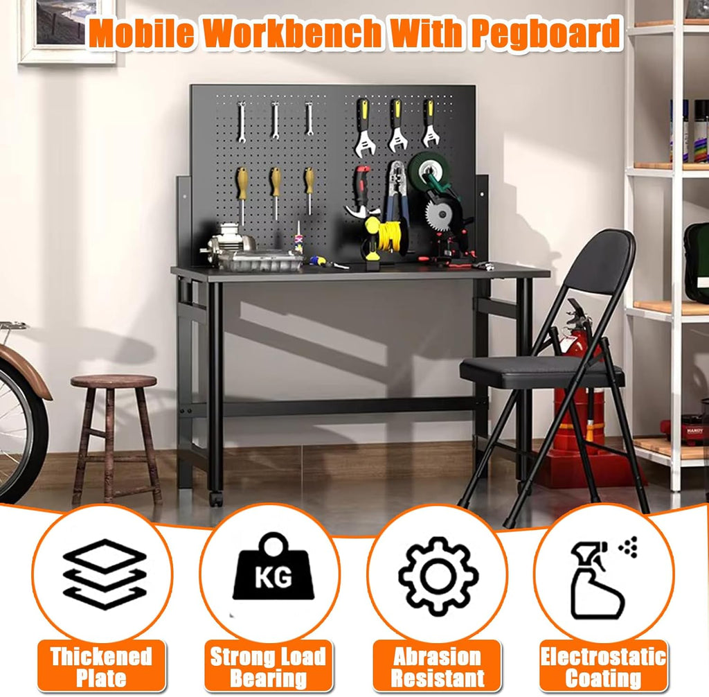 Work Bench for Garage, 45.5" Heavy Duty Workbench with Pegboard, Foldable Steel Work Table with Wheels for Woodworking Shop Garage Home Office Warehouse, Easy Assembly
