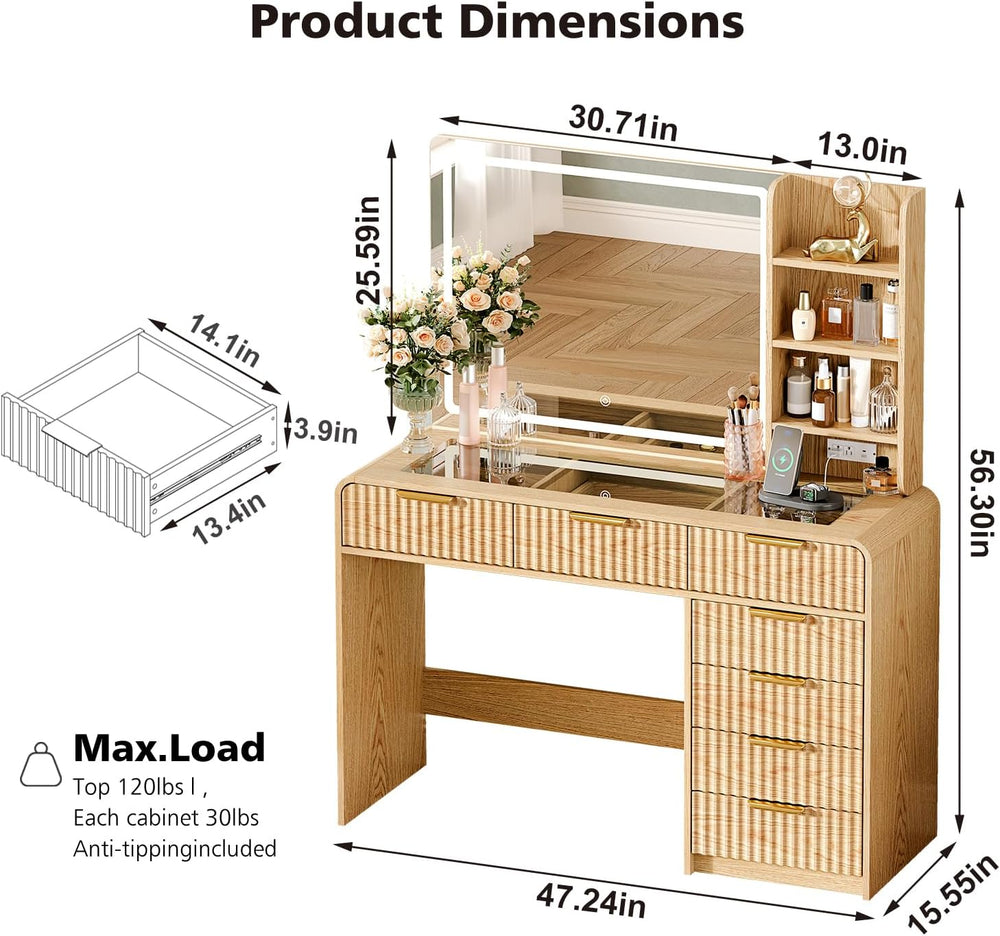 47“Makeup Vanity Desk with Mirror and Lights, Vanity Desk with 7 Drawers &amp...