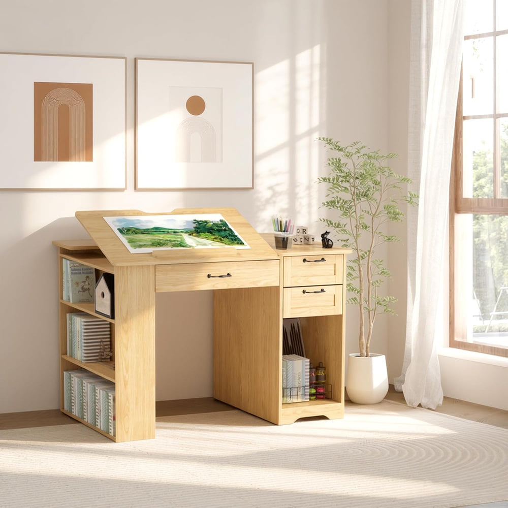 Drafting Table with Storage Cabinet & Drawers, Adjustable Drawing Table w...
