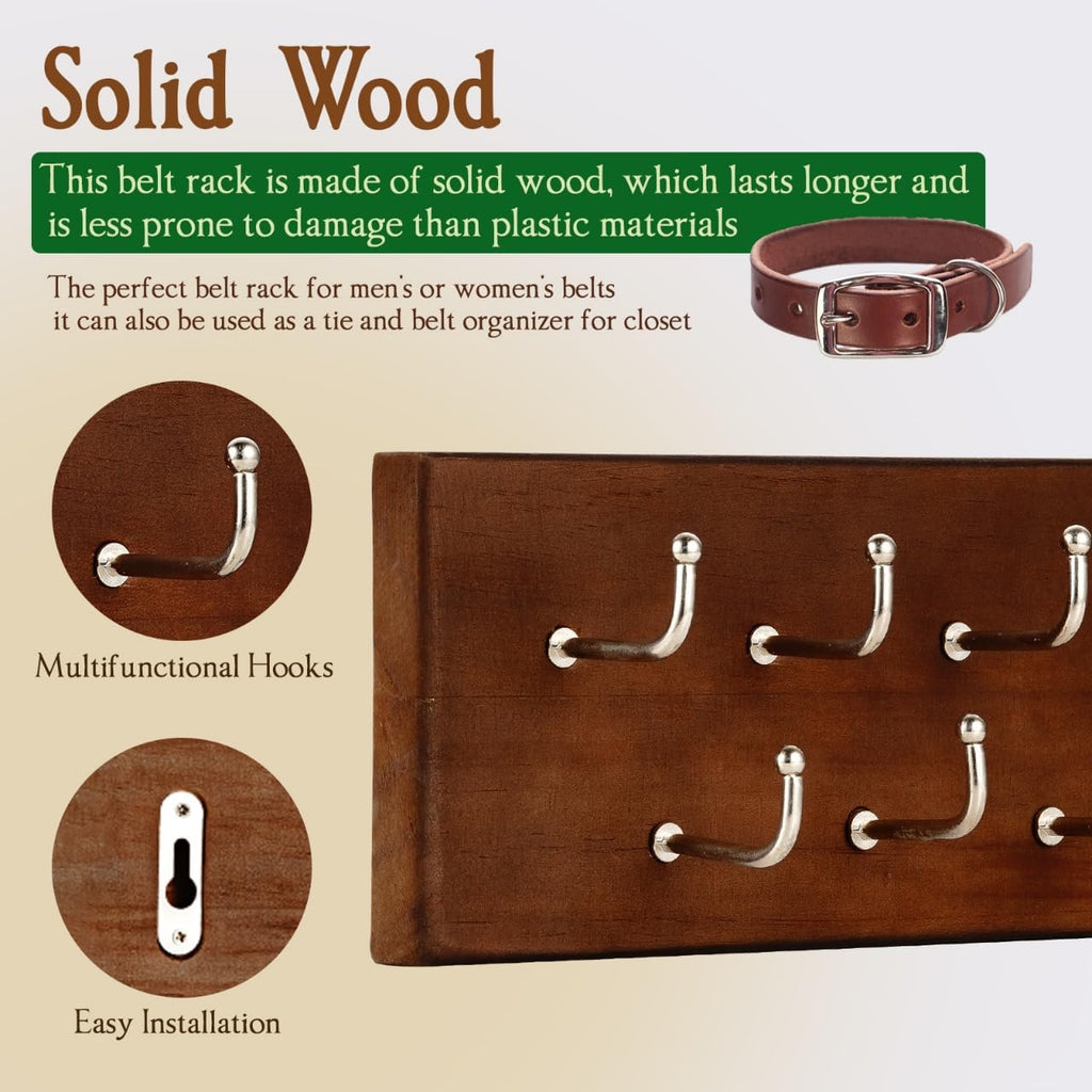 Treehouse Belt Organizer Rack, Holds Over 28 Large Belts, Sturdy Metal & Sturdy Wood Storage Holder for Closet, Versatile, Wall Mounted Belt & Tie Display Hanger for Bedroom - (Walnut) 4.25''Hx16''L