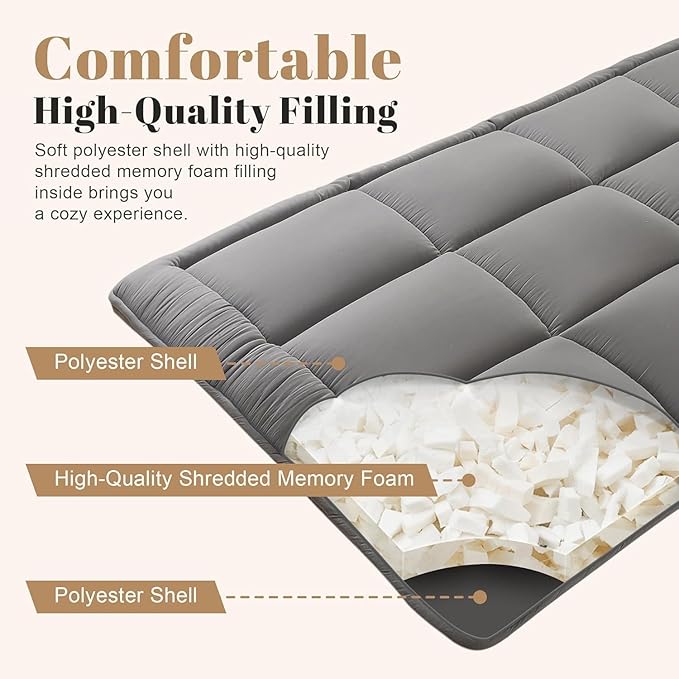 WhatsBedding Japanese Floor Mattress Futon Mattress 3" Grey Tatami Mat Shredded Memory Foam Filled Sleeping Pad, Foldable & Portable Roll Up Lounger Camping Bed for Kids and Adult,Queen Size 60"x 80"