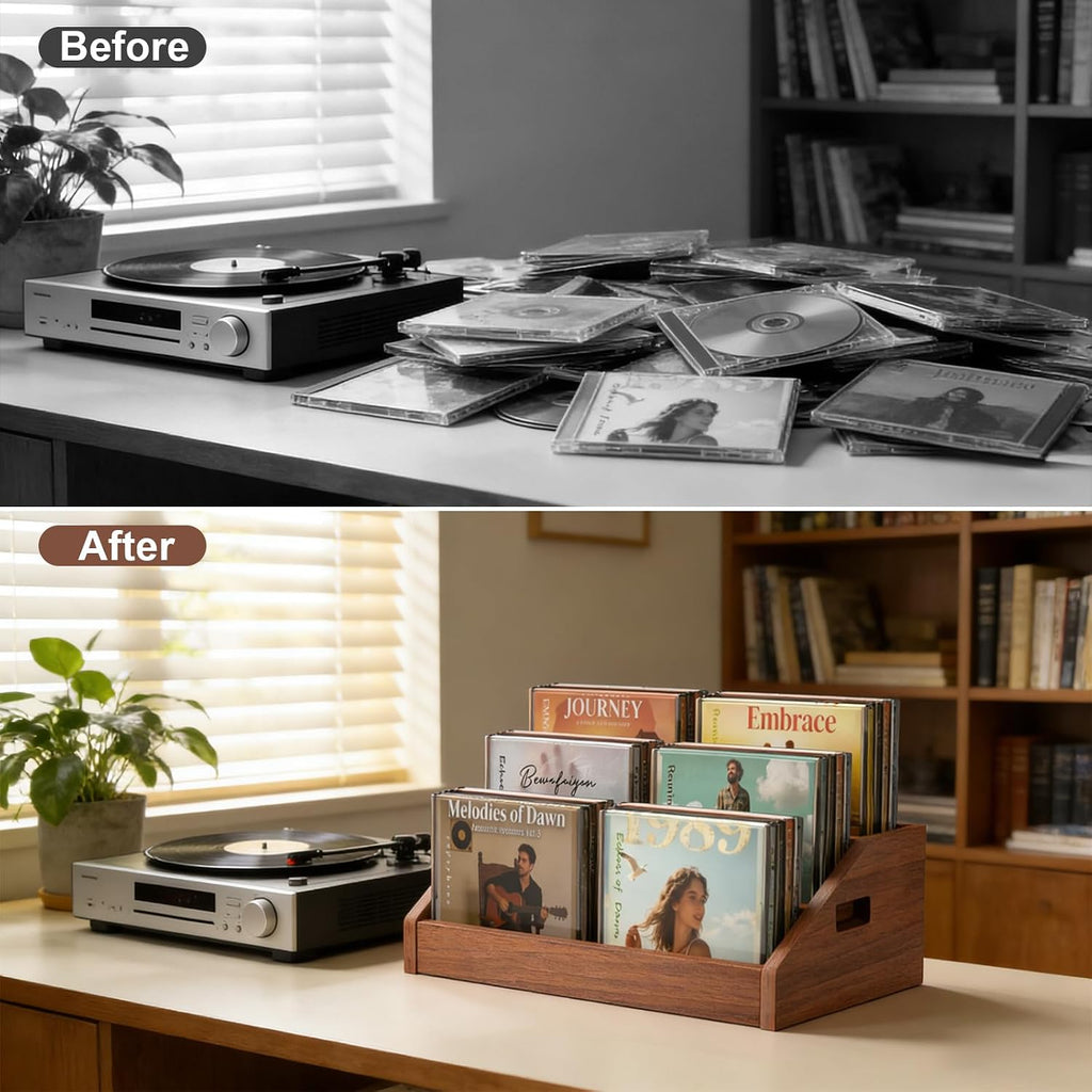 3 Tier CD Holder,Wood CD Storage Rack,CD/DVD Display Stand | Holds 24 Jewel Cases,CD Organizer with Handles for CD DVD Cassettes Tapes,Rustic Brown for Home Office & Music Lovers