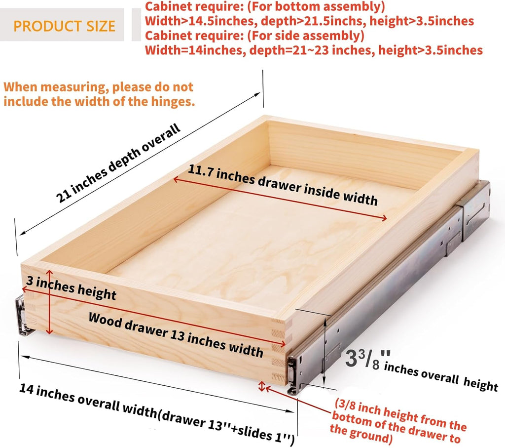 13”W x 21”D x 3”H Soft Close Slide Out Wood Drawer Organizer for Kitchen, (Cabinet Opening Width>14.5 inches for Bottom Assembly, Width= 14 inches for Side Assembly)