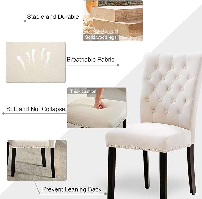 Velvet Dining Kitchen Chair Set of 6, Parsons Upholstered Dining Room Chair, Wood Accent Chair with Nailed Trim, Beige