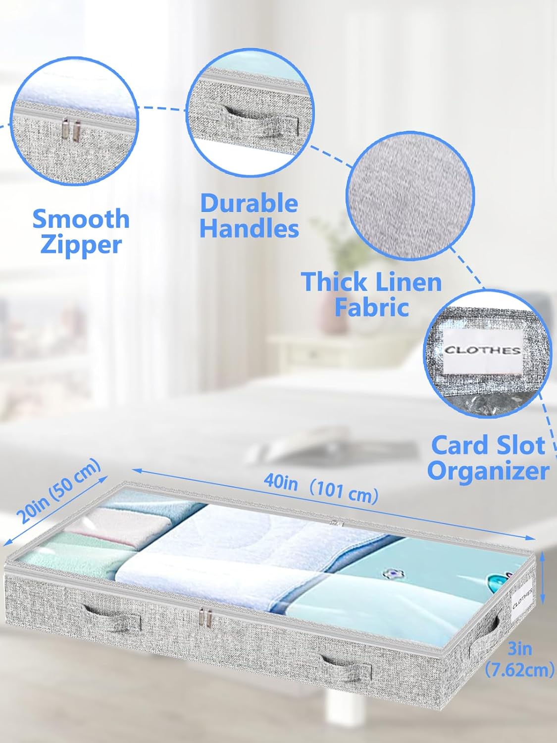 Low Profile Under Bed Storage, 3-Inch High Foldable Underbed Storage Bins with Lid & Zipper, No Structure, Super Slim Clothes Organizer for Crib Dorm Couch Low Bed, 6-Pack, Clear Top