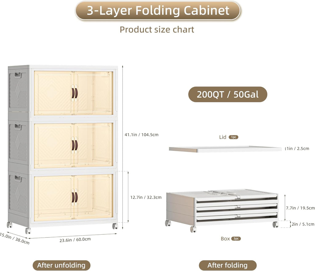 200 QT / 50 Gal Extra Wide Foldable Plastic Cabinet with Double Magnetic Doors & Leather Handles - Stackable, 4 Locking Wheels, Space Saving Storage for Small Spaces