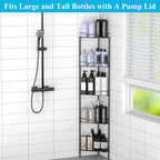 5 Tier Floor Standing Corner Shower Caddy Organizer Shelf with Hooks, Bathroom Shelves Stand Rack, Matt Black