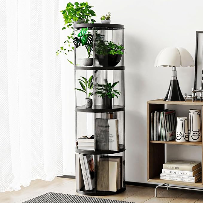 4 Tier Rotating Bookshelf, Small Corner Bookshelf for Small Space, 360 Display Floor Standing Bookcase, Lazy Susan Plastic Narrow Book Organizer for Bedroom, Living Room, Round, Black