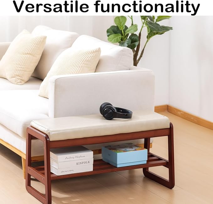 Shoe Rack Bench, Solid Wood Entryway Bench, Shoe Storage with Cushion Seat fo...