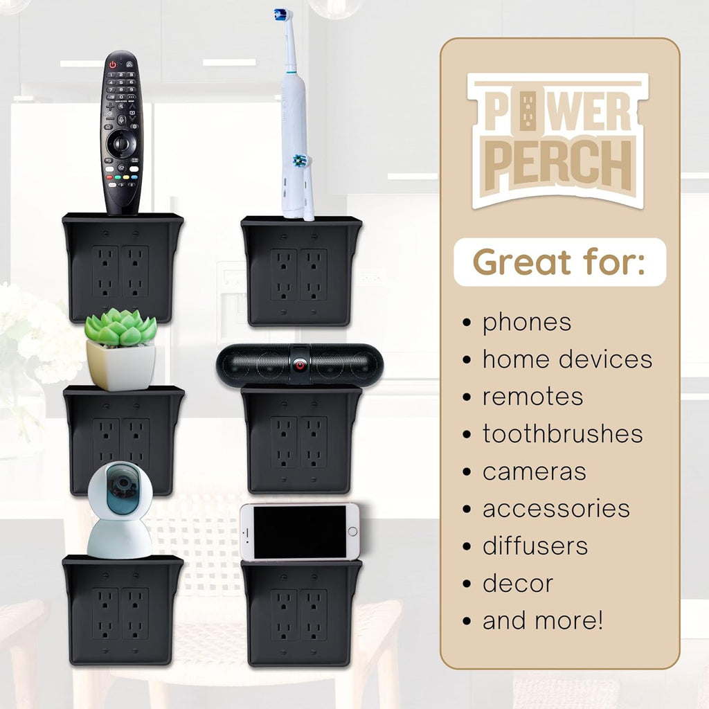 Storage Theory Power Perch Double Wall Outlet Shelf - Declutter & Reclaim Bathroom Counter Space - Alexa Stand, Apple Homepod Shelf, Toothbrush Holders Wall Mounted - Black, 1-Pack