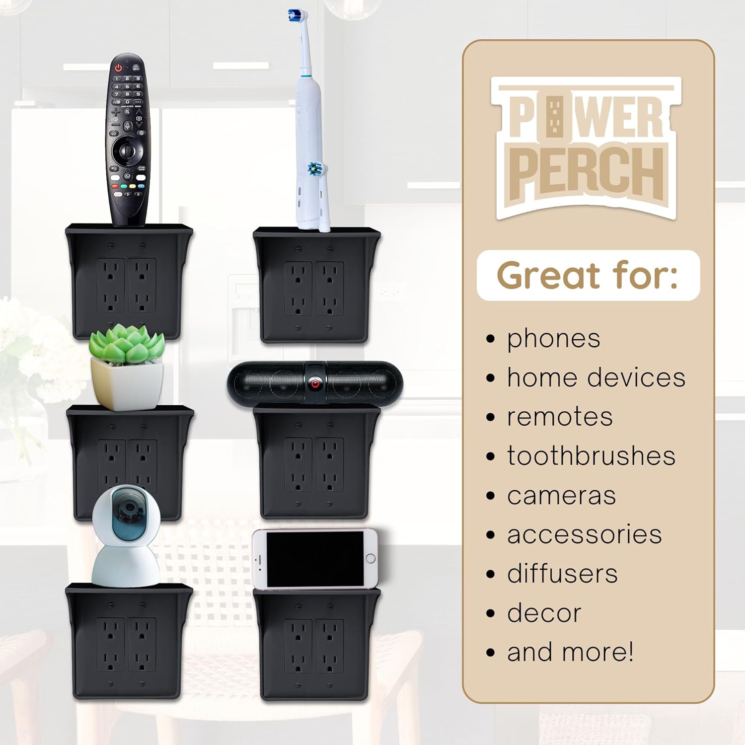 Storage Theory Power Perch Double Wall Outlet Shelf - Declutter & Reclaim Bathroom Counter Space - Alexa Stand, Apple Homepod Shelf, Toothbrush Holders Wall Mounted - Black, 2-Pack