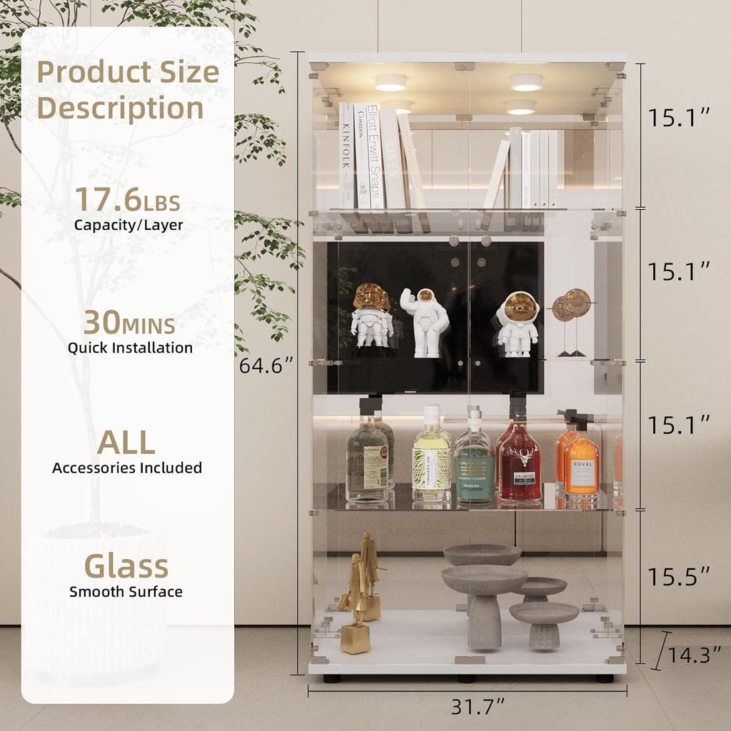 Beauty4U Glass Display Cabinet with LED Light and Mirror, 4 Shelves with 2 Doors, Curio Cabinets for Living Room, Bedroom, Office, White Floor Standing Glass Bookshelf, Quick Installation