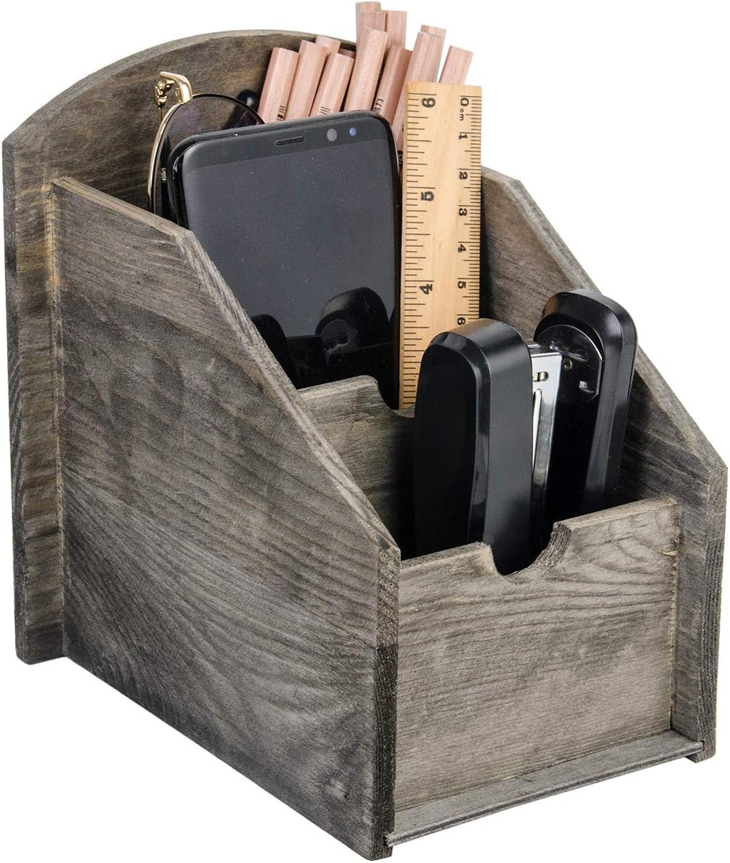 VERGOODR 3 Slot Rustic Wooden Remote Control Frame Media Organizer,Office Supply Storage,Magazine Pen Holders (Rock grey)