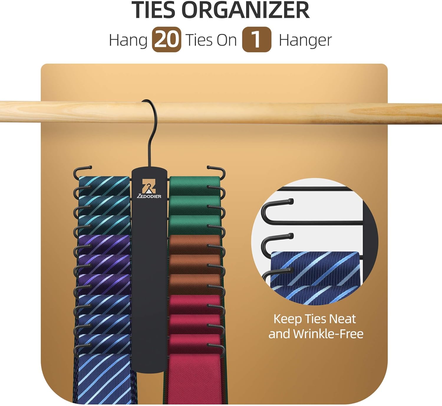 ZEDODIER 2 Pack Tie Hanger with 40 Hooks, Space Saving Necktie Organizer for Men, Large Capacity Tie and Belt Wooden Hanger for Closet, Black