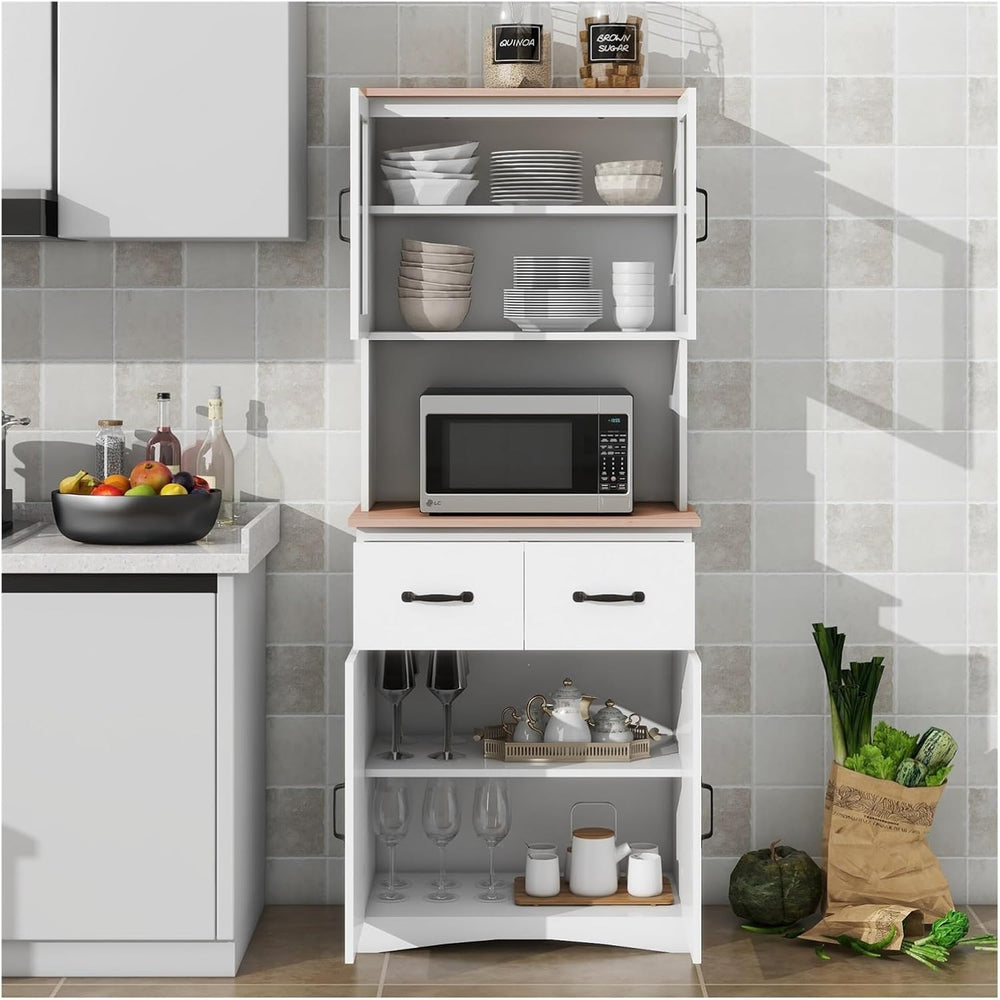 Kitchen Cabinet White Pantry Room Storage Microwave Cabinet with Framed Glass...