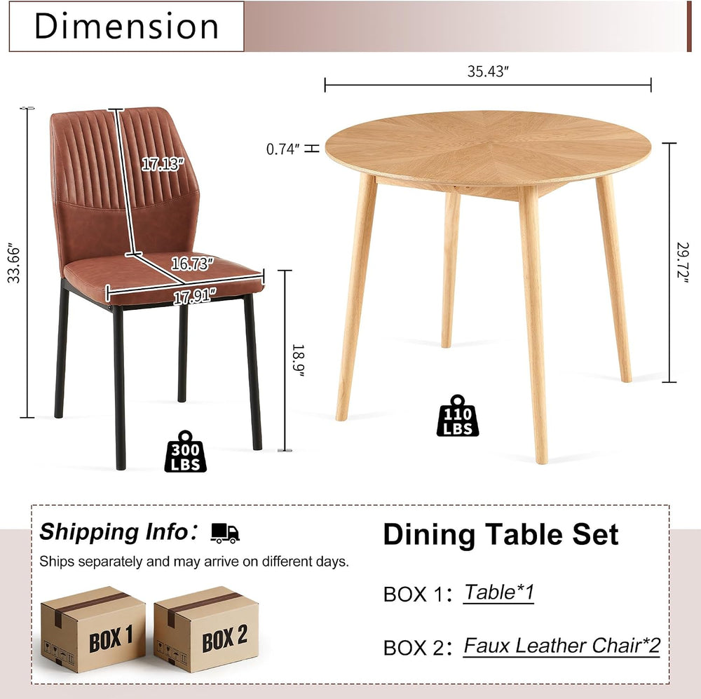 35" Round Dining Table Set for 2 with PU Leather Chairs, Space Saving Ki...