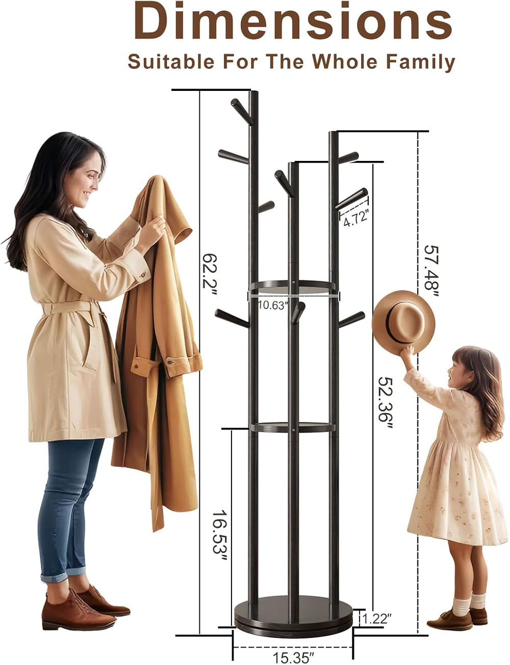 Muwuele Solid Wood Rotary Coat Rack, Freestanding Coat Rack with 3 Shelves an...