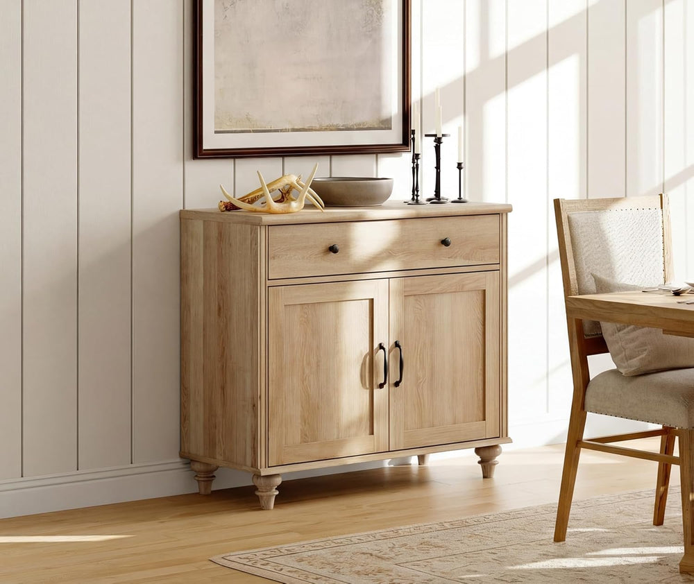 WAMPAT 34’‘ Oak Buffet Cabinet with Doors and Drawer, Wood Kitchen Storage Ca...
