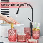 New Pink Bathroom Accessories Set, 5 Pcs Clear Glass Bathroom Accessories Sets with Lotion Soap Dispenser, Soap Dish, Toothbrush Holder, Bathroom Tumbler, Cotton Swab Jars, Perfect for Bathroom Decor