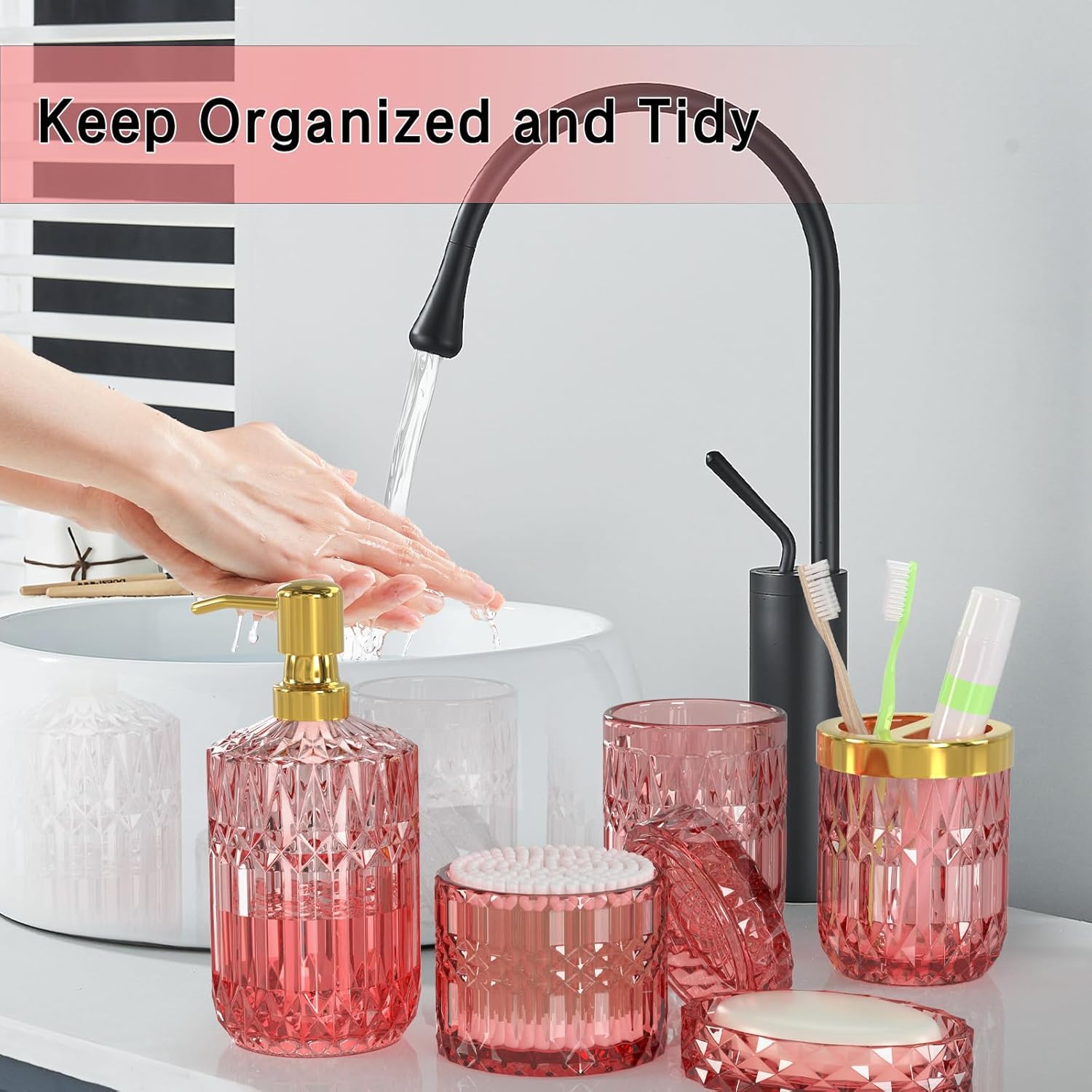 New Pink Bathroom Accessories Set, 5 Pcs Clear Glass Bathroom Accessories Sets with Lotion Soap Dispenser, Soap Dish, Toothbrush Holder, Bathroom Tumbler, Cotton Swab Jars, Perfect for Bathroom Decor