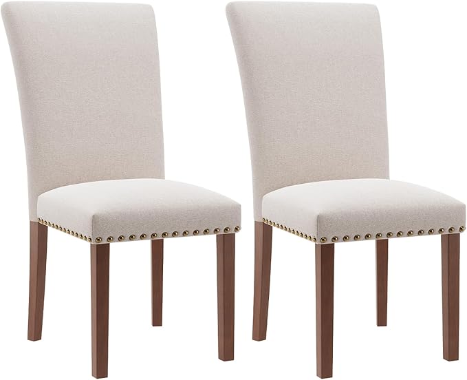 Stylish Dining Chairs Set of 2, Upholstered Parsons Dining Room Chair with Nailhead Trim, Kitchen Room Chair with Thick Cushions and Wood Legs, Nailhead Trim, Beige