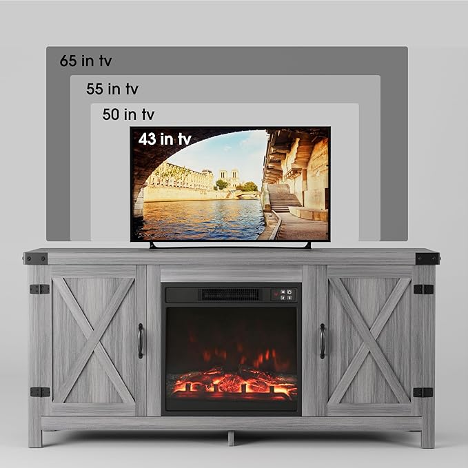 JUMMICO Fireplace TV Stand, Farmhouse Entertainment Center with Fireplace and Shelves, Double Barn Doors Storage Cabinets for TVs to 65+ Inch for Living Room (Grey)
