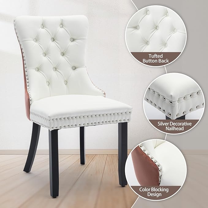 Velvet Dining Chairs Set of 6, High-end Tufted Upholstered Dining Chair with Ring Pull and Solid Wood Legs, Modern Dining Room Chairs for Dining Room, White PU & Pink Velvet
