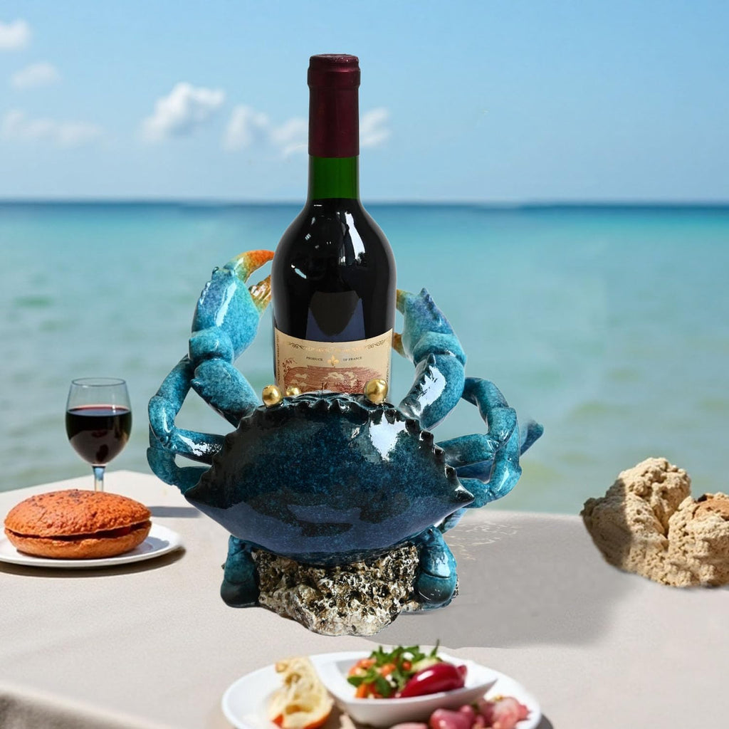Crab Wine Bottle Holder Countertop Coastal Kitchen Decor Beach Themed | Unique Wine Rack Marine Nautical Kitchen Decor Funny Ocean Centerpieces for Tables Cabinet Beachy Decor Gift for Ocean Lovers