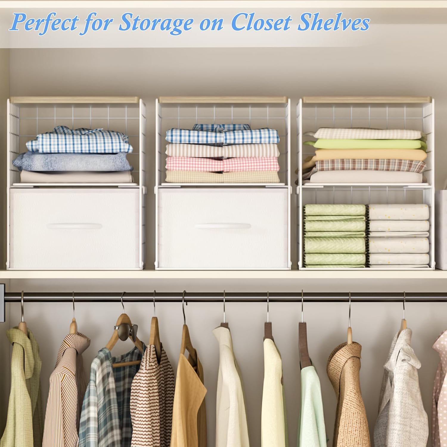 2 Pack Stackable Storage Drawers, Closet Organizers and Storage Shelves with Wooden Top & Adjustable Dividers, White Fabric Closet Drawer Organizer, Modular Storage Bins for Bedroom Wardrobe Apartment