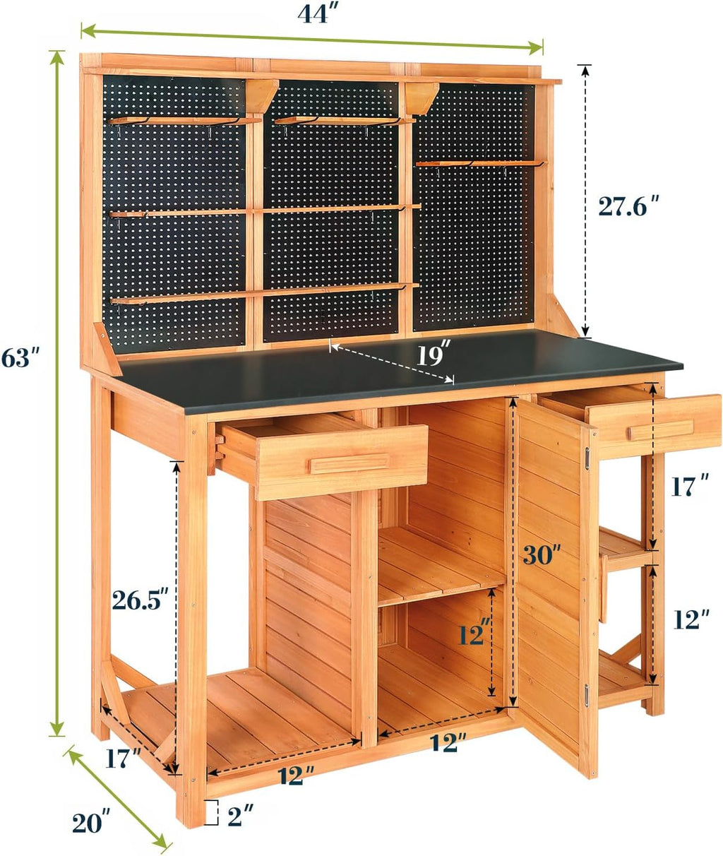Outdoor Garden Potting Bench, Horticultural Wooden Workstation Table with Storage Drawer, Cabinet, Metal Pegboard, Adjustable Hooks and Shelves for Backyard, Patio, Greenhouse