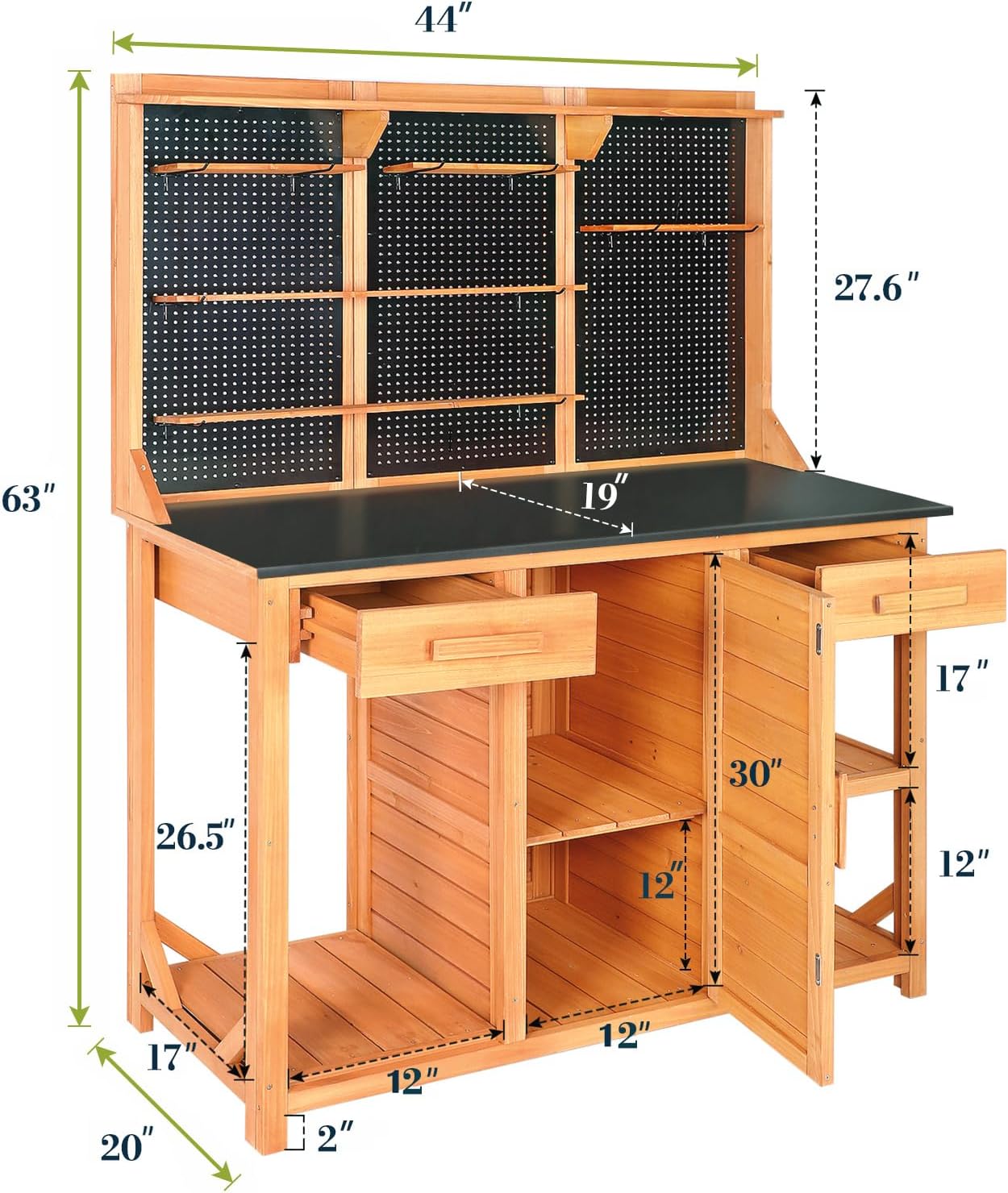 Outdoor Garden Potting Bench, Horticultural Wooden Workstation Table with Storage Drawer, Cabinet, Metal Pegboard, Adjustable Hooks and Shelves for Backyard, Patio, Greenhouse