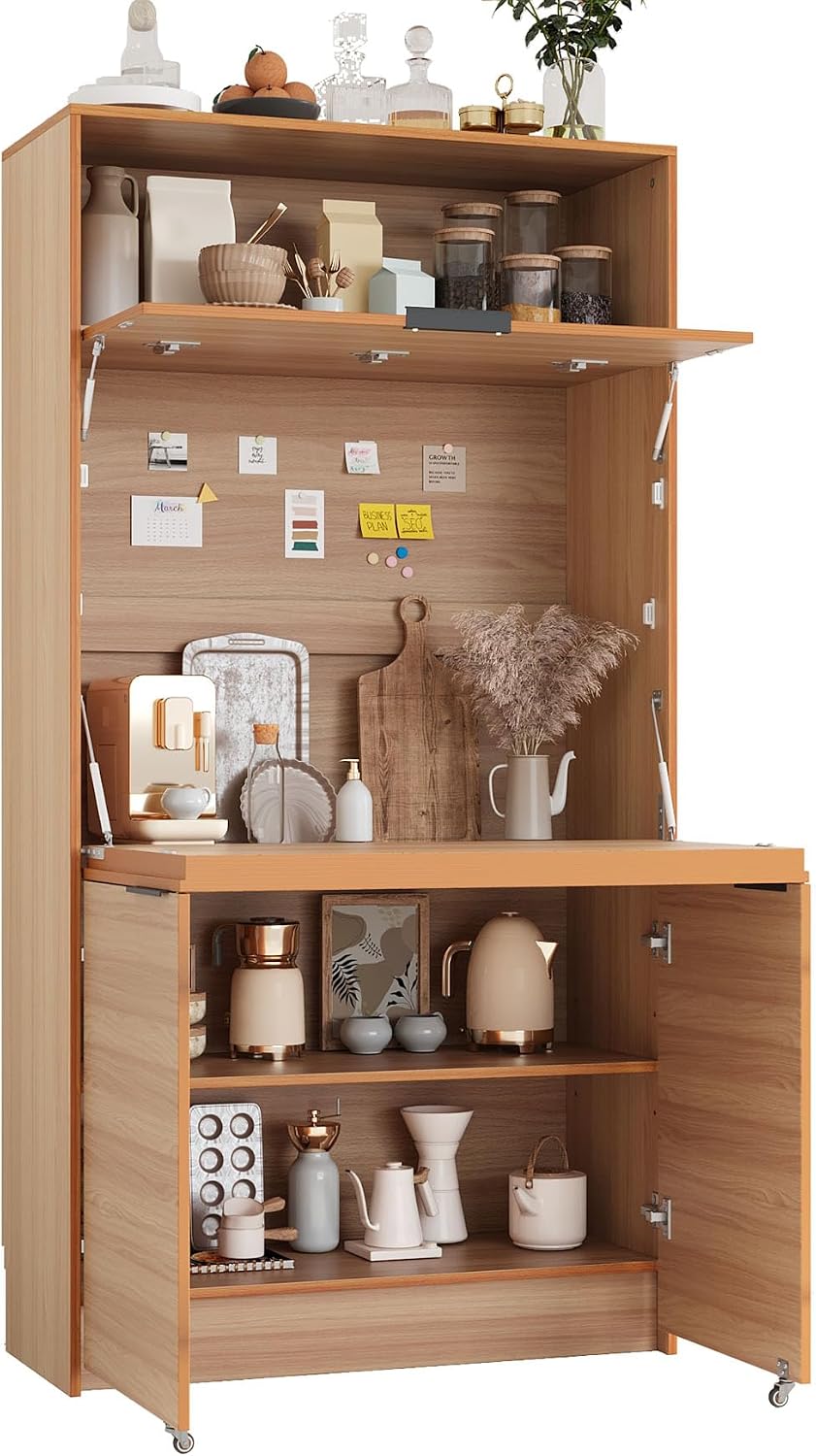 Farmhouse Pantry Cabinet with Foldable Workstation, 69" Tall Buffet with...