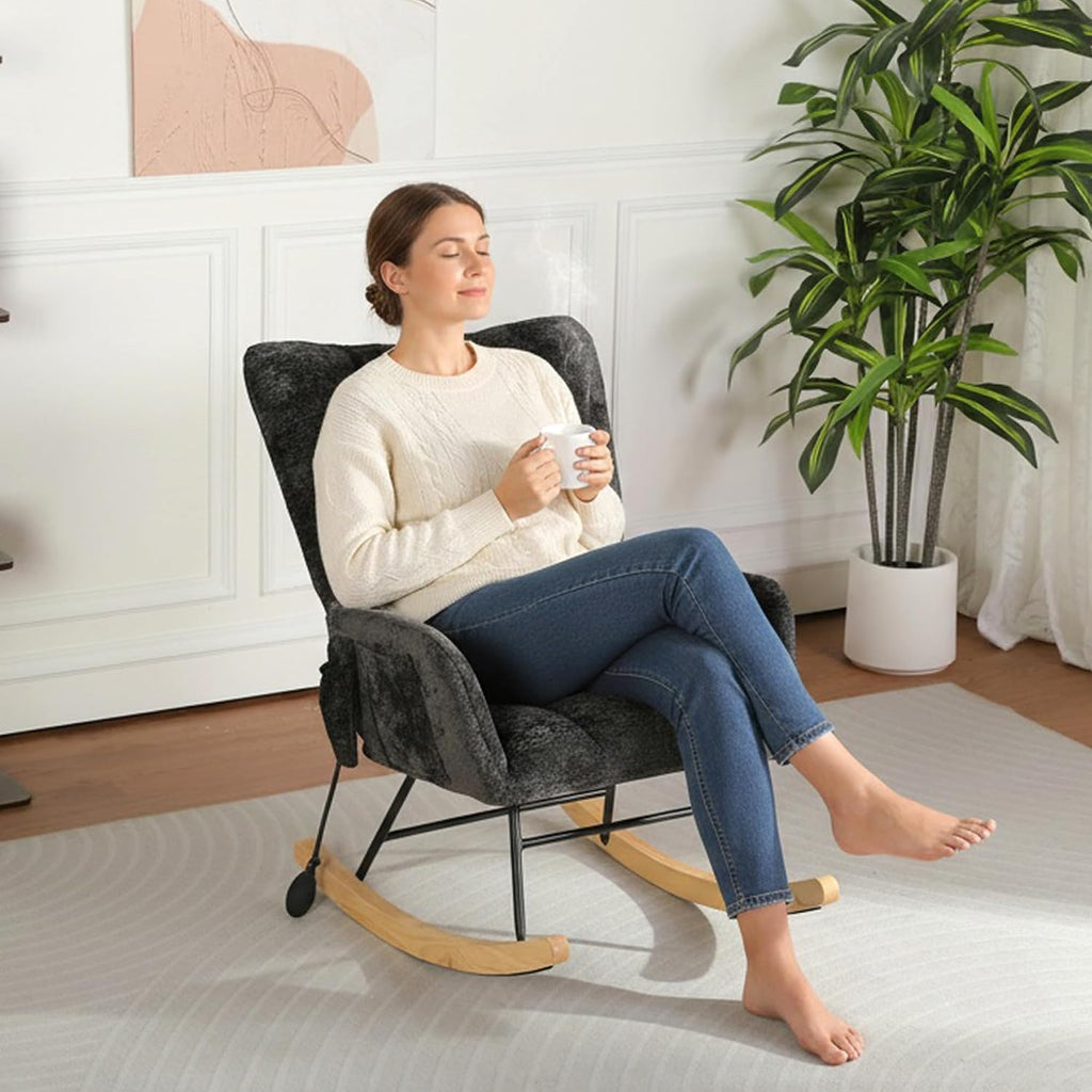 Rocking Chair Nursery with Airbag, Comfy Modern Nursery Rocking Reading Chair Indoor, Cozy Upholstered Glider Rocker Chairs with High Backrest for Living Room Bedroom Offices(Chenille, Black)