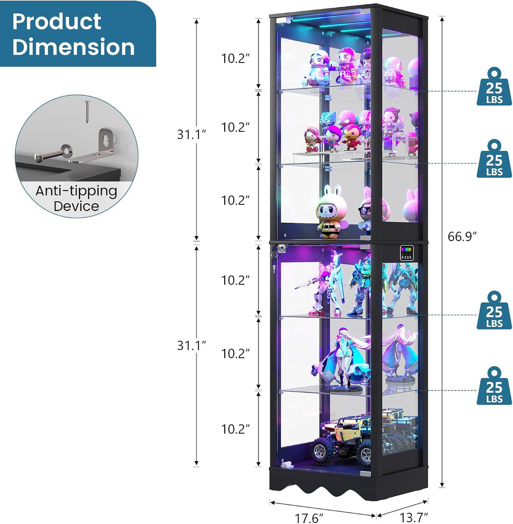 Dystler Display Cabinet with Glass Doors, 6 Tier RGB Lights Curio Cabinet | A...