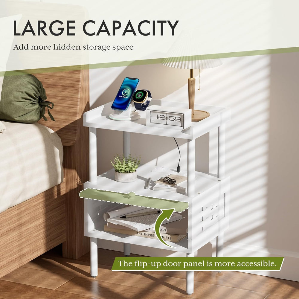 Amazer White Nightstand with Charging Station, Bamboo Night Stand for Bedroom...