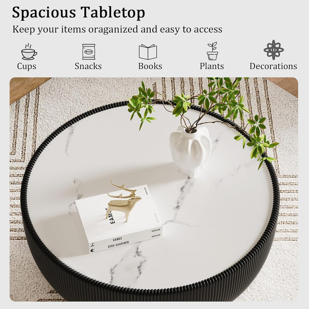 27.55" Black Round Coffee Table, Drum Coffee Table with Sintered Stone T...