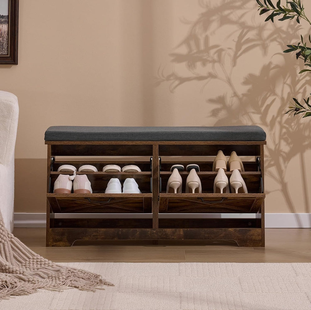 Shoe Storage Bench with 2 Flip Drawers & Barn Doors, Entryway Shoe Cabine...