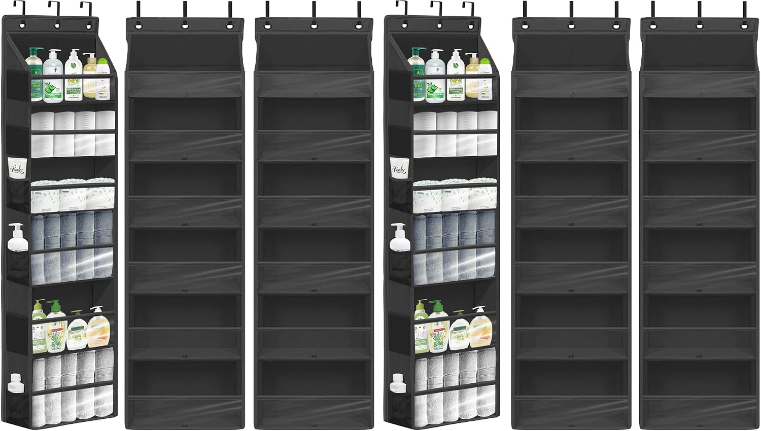 Over Door Organizer with 6 Extra Large Pockets 12 Side Pockets, Sturdy Closet Storage Rack, Hanging Storage Organizer with Clear Window for Shoes, Diaper, Bedroom, Bathroom, Black, 6-Pack