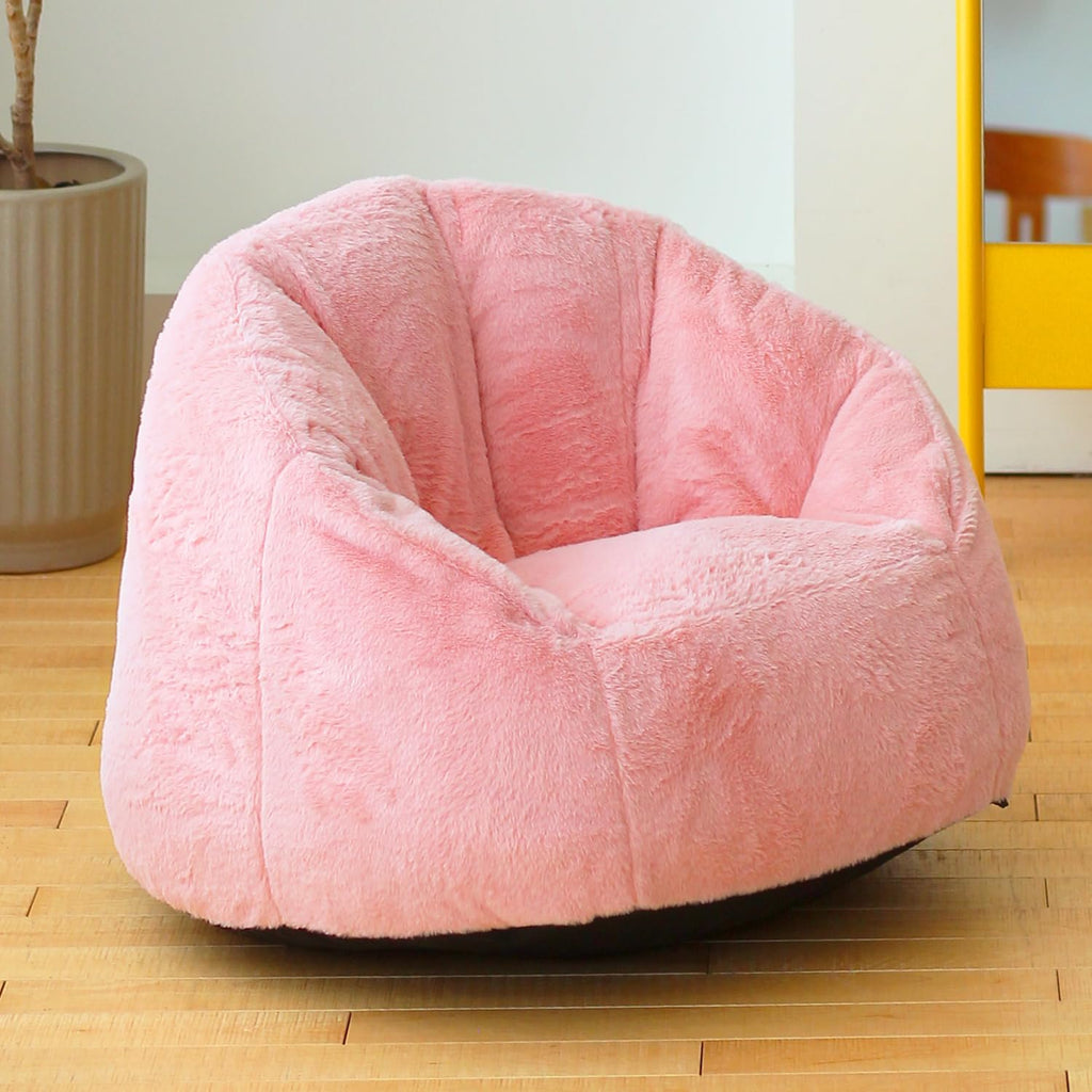 N&V Small Bean Bag Chair for Kids, Children Mini Bean Bag Sack, Foam Filling, Includes Removable and Machine Washable Cover, 27in, Soft Faux Fur (Pink)
