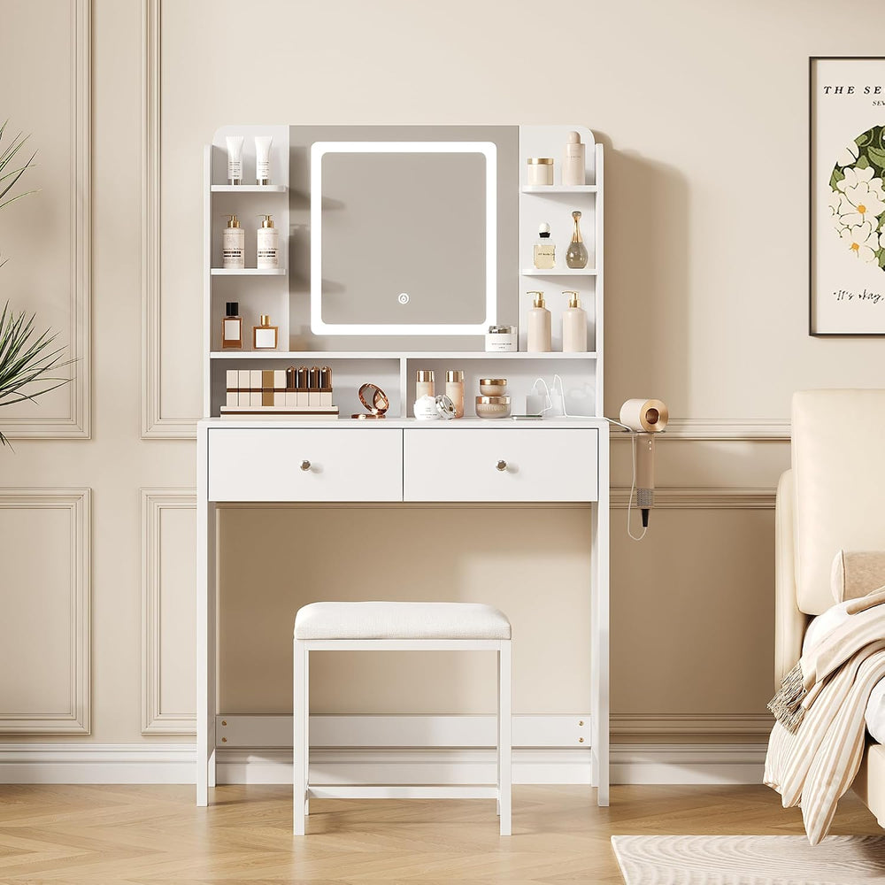 Vanity Desk with Lighted Mirror, Stool and Large Storage Space | Small Vanity...