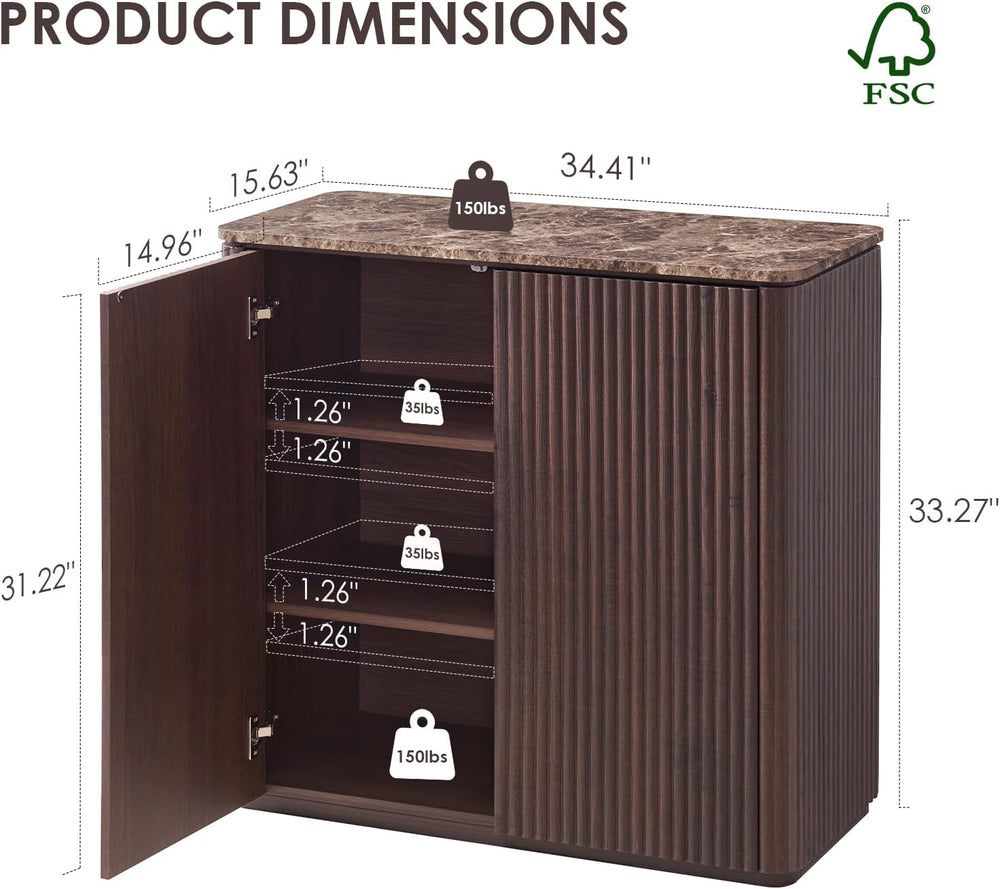 Fluted 2 Doors Sideboard Cabinet with Storage, 34" Wooden Credenza with ...