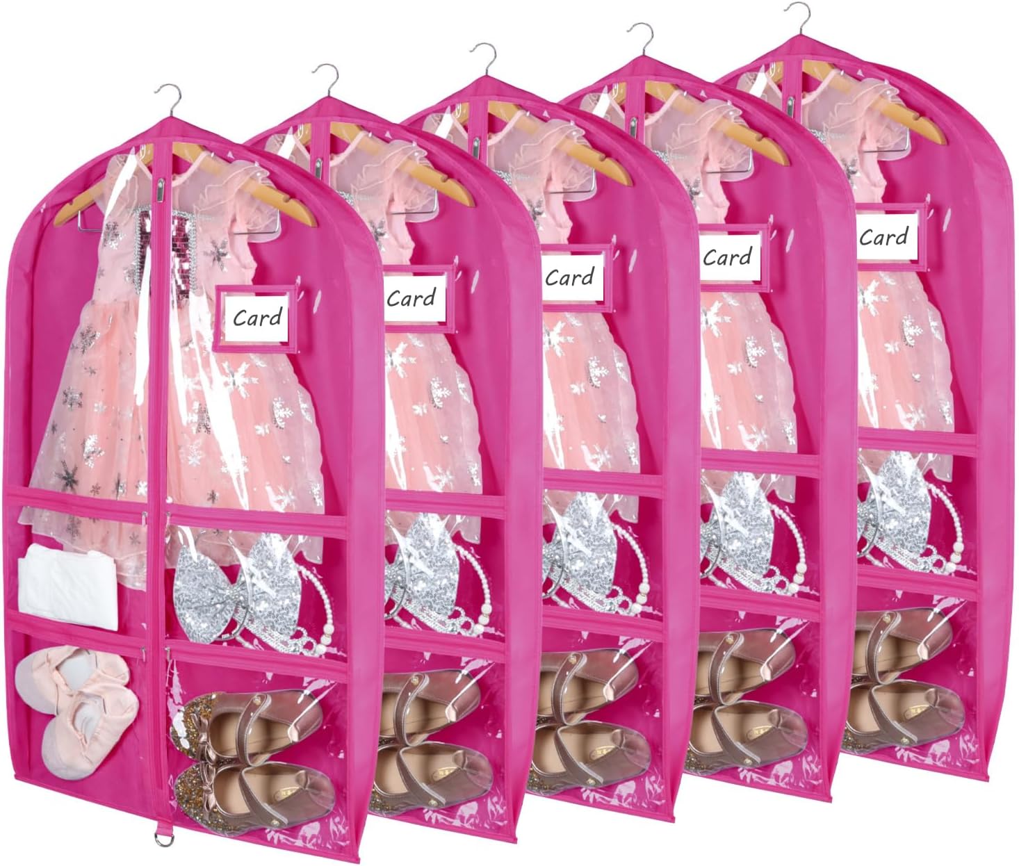Syeeiex 40 Inch Clear Dance Costume Garment Bag, Rose Red, 5 Pack | Clear PVC Window, 4 Zipper Pockets and ID Card Holder, Foldable Hanging Dance Garment Bags with 3in Gusseted for Dancers