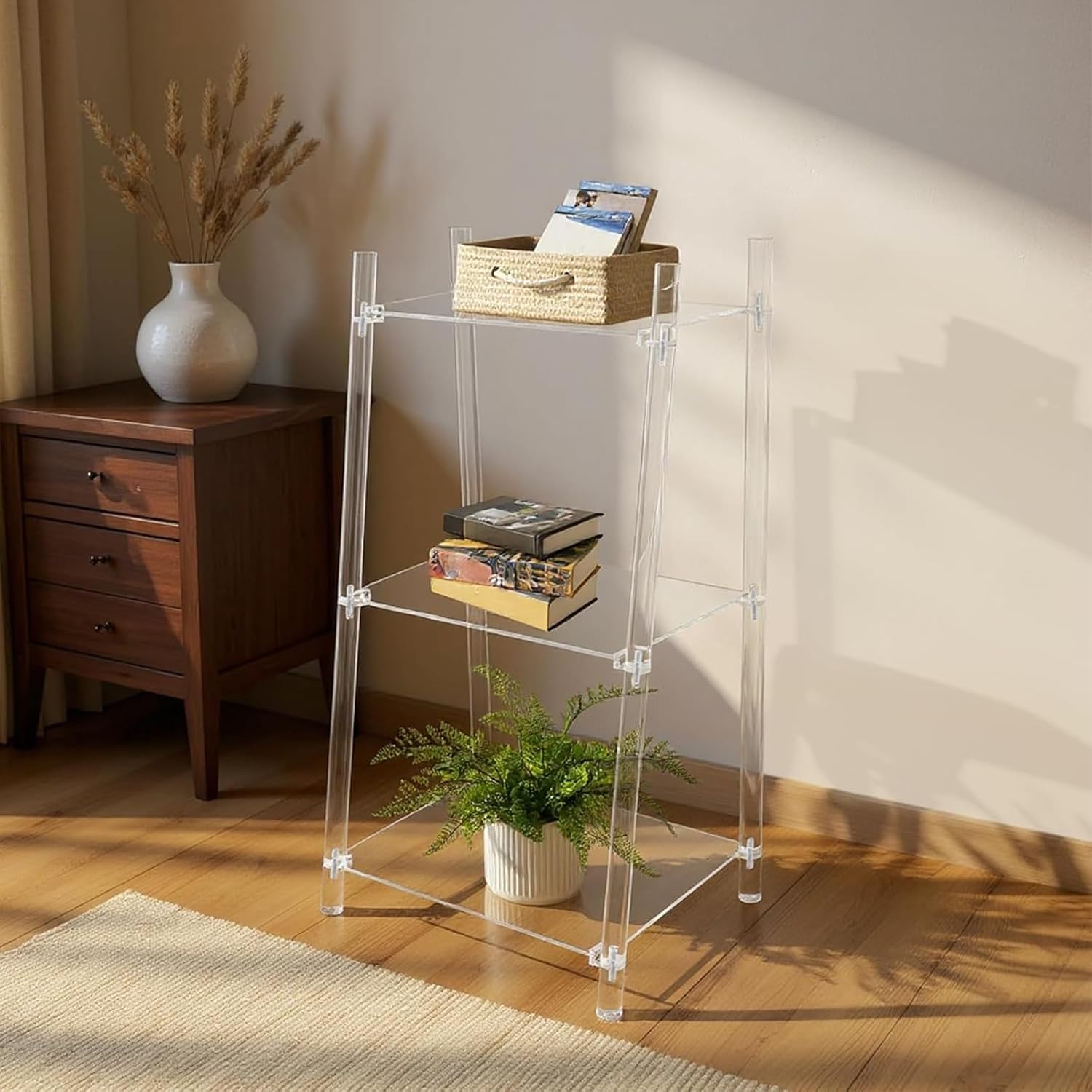 3-Tier Acrylic Ladder Bookshelf, Floor-Standing Clear Display Shelf for Books Decorations Multipurpose Storage Rack for Living Room Study Room Office