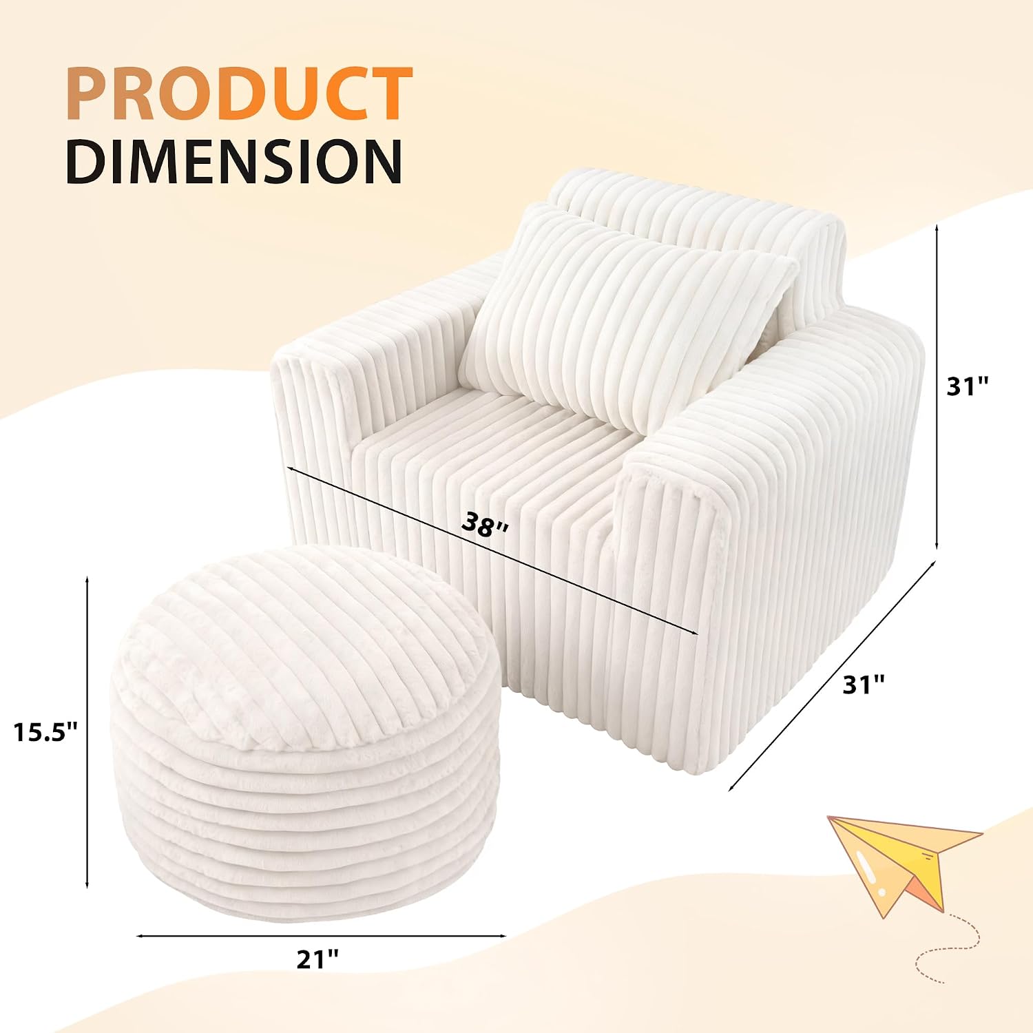 HABUTWAY Bean Bag Chair for Adults with Pillow, Giant Bean Bag Chairs with Ottoman, Comfy Dorm Chair with High Backrest & Wider Armrest, Lounger Chair Indoor for Bedroom Living Room(Beige)