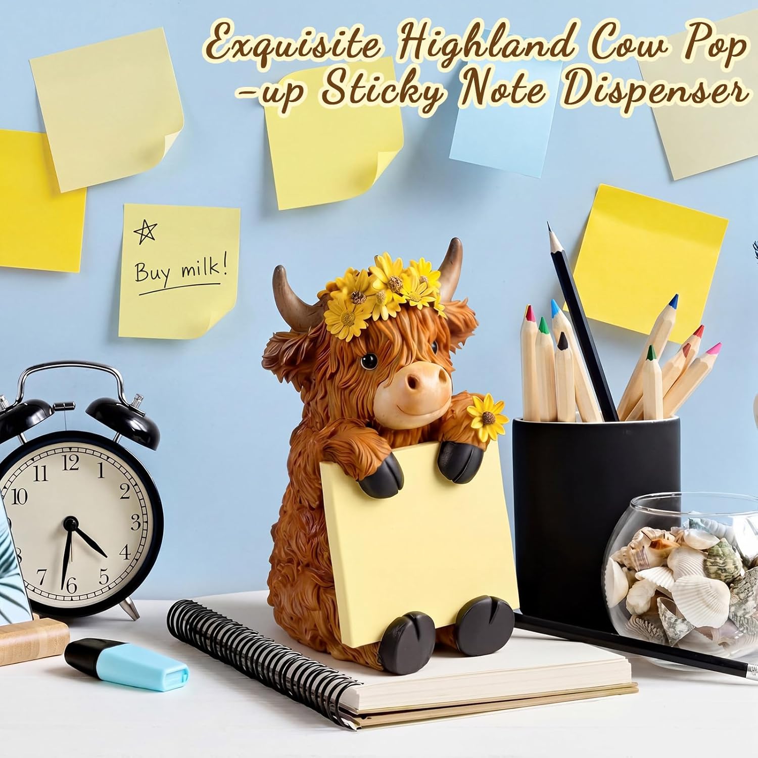 Thenshop Sunflower Highland Cow Pop up Sticky Note Dispenser Resin Highland Cow Note Holder with 100 Sheets 3 x 3 Inch Sticky Notes Desk Accessory for Office Home(Brown,Classic)